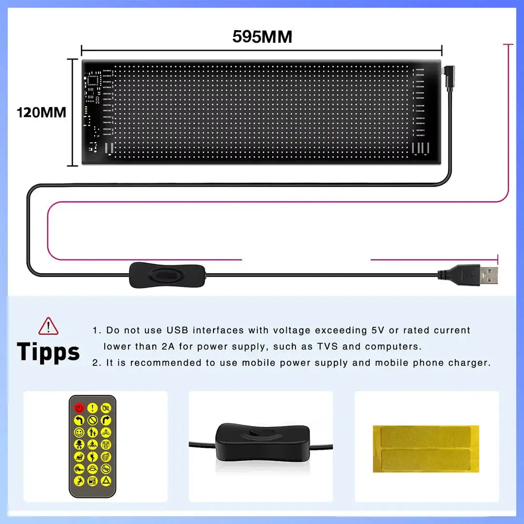 Customisable App Controlled LED Matrix Panel Display Screen - (120mm x 595mm) Max Motorsport