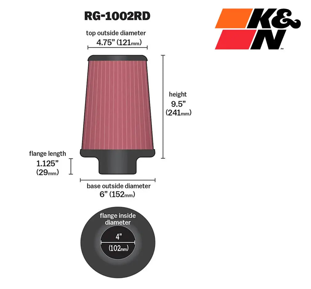 K&N RG-1002 Performance Cone Air Filter (76mm/90mm/100mm) K&N Filter