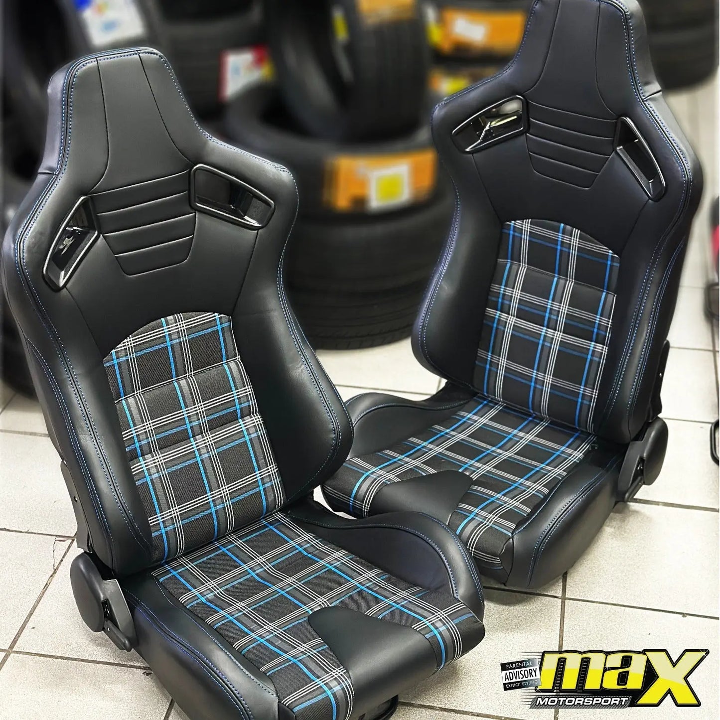 Reclinable Racing Seats - GTI Style Tartan Design Black PVC With Blue Stitching (Pair) Max Motorsport