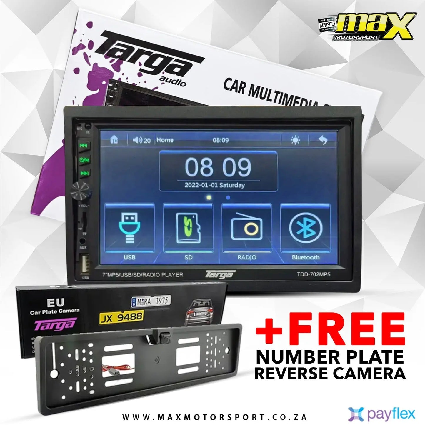 Targa TDD-702MP5 7″ MP5 Media Player with Mirror Link +FREE Number Plate Reverse Camera Targa
