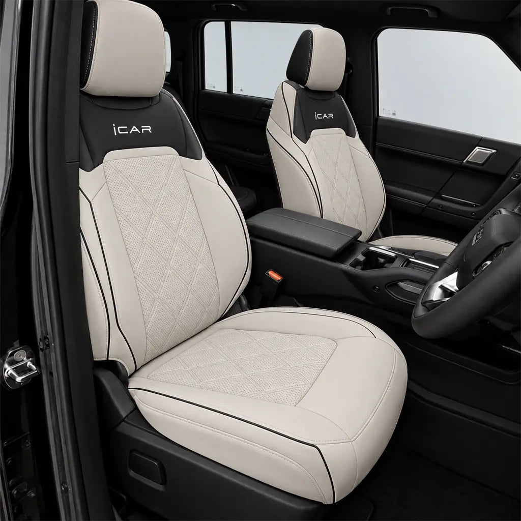 iCAUR 03T (25-On) Premium Luxury Car Seat Covers - Front & Rear Full Set (Black & Cream) Max Motorsport