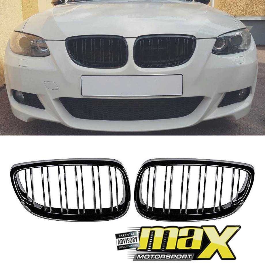 BM E92 3-Series Piano Black Double Slat Kidney Grilles (06-09) maxmotorsports
