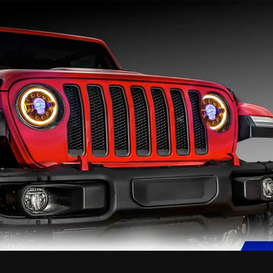 Universal 7 Inch - Jeep Style LED Angel Eye Projector Skull Headlight Max Motorsport