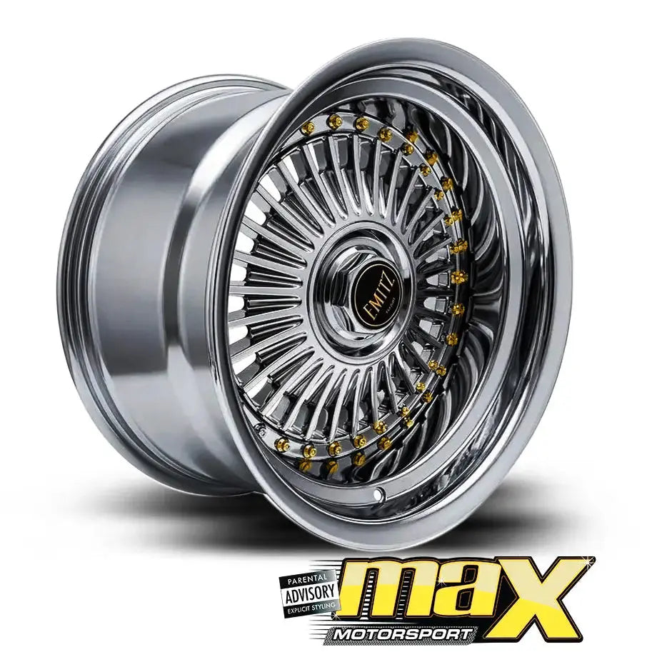 15 Inch Mag Wheel - MX5037CHR-NW Black Chrome Emit Wheels Narrow & Wides - (4x100/ 5x100 PCD) Max Motorsport