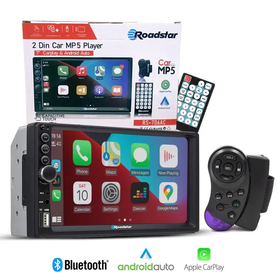 7 Inch Roadstar MP5 Double Din With Apple Carplay & Android Auto + Steering Wheel Control Remote Max Motorsport