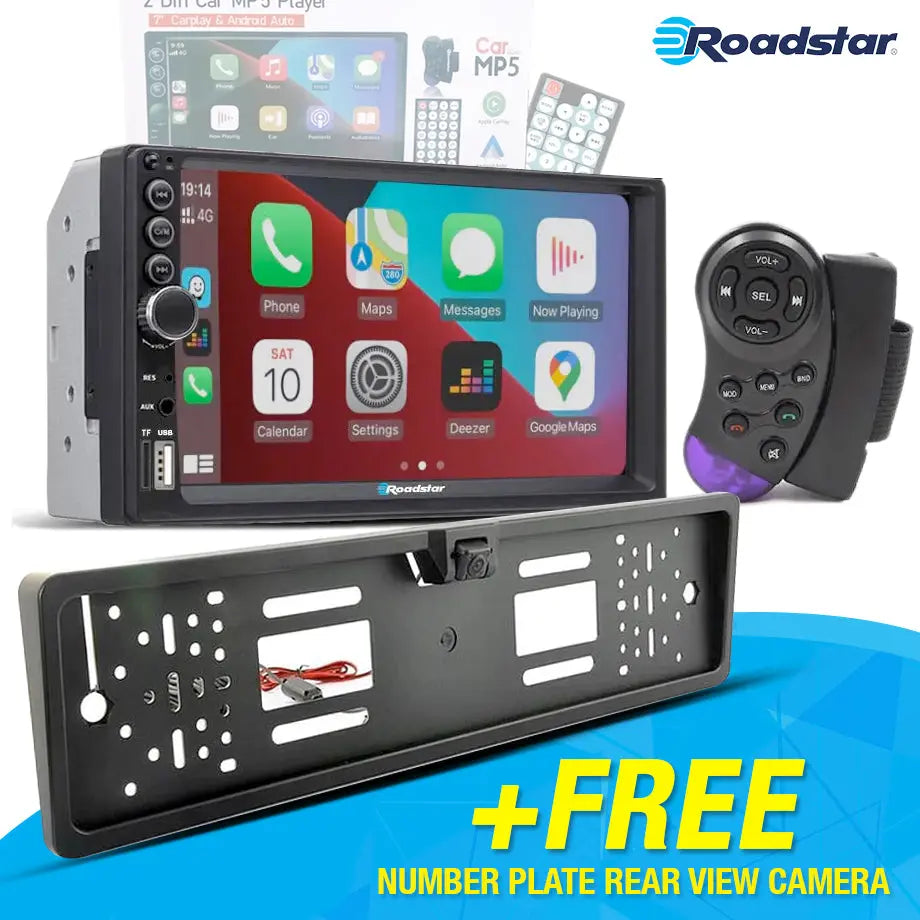 7 Inch Roadstar MP5 Double Din With Apple Carplay & Android Auto +FREE Number Plate Camera Roadstar