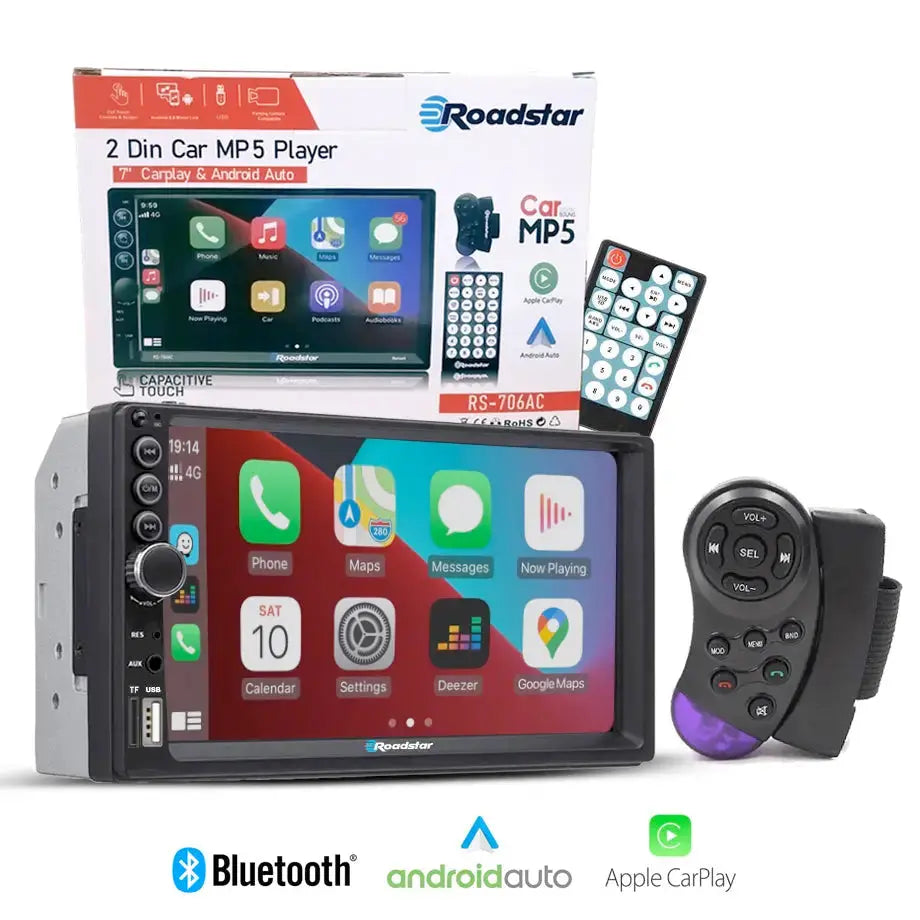 7 Inch Roadstar MP5 Double Din With Apple Carplay & Android Auto +FREE Number Plate Camera Roadstar