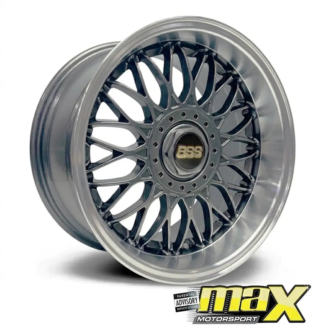 A multi-spoke alloy wheel rim with a dark gray and silver finish, featuring a central BSS logo and a silver lip, shown on a white background with a Max Motorsport logo overlay in the bottom right corner.