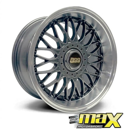 A multi-spoke alloy wheel rim with a dark gray and silver finish, featuring a central BSS logo and a silver lip, shown on a white background with a Max Motorsport logo overlay in the bottom right corner.