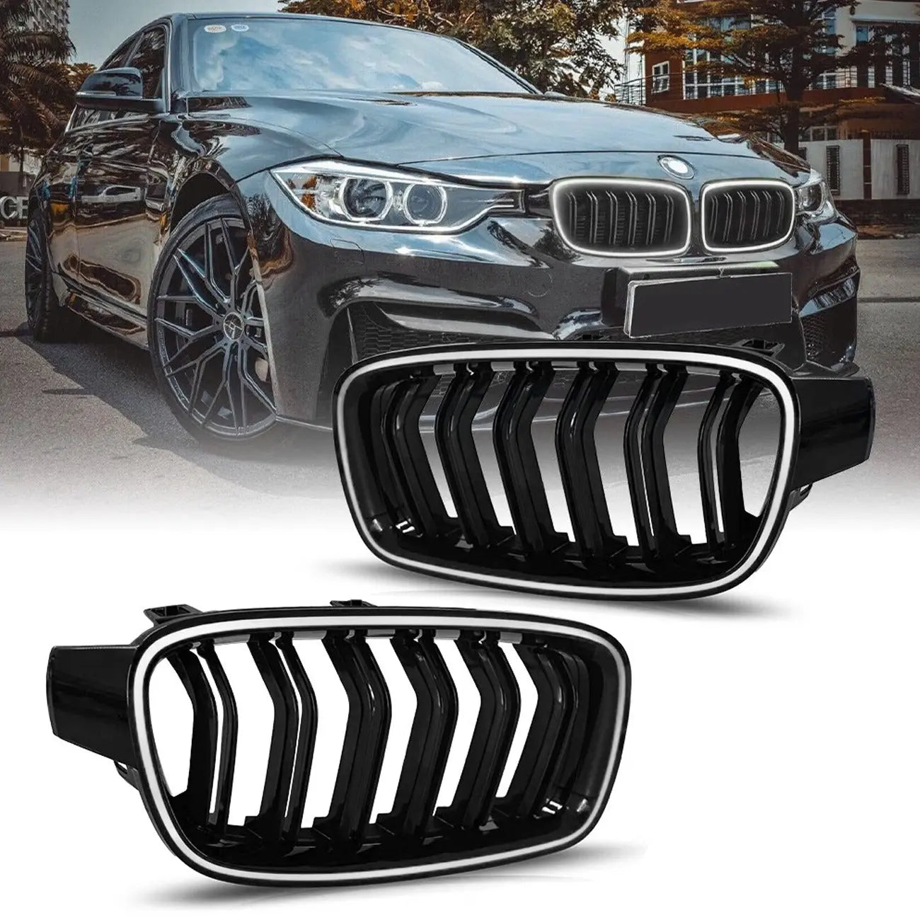 BM F30 3-Series Piano Black Double Slat LED Kidney Grille Max Motorsport