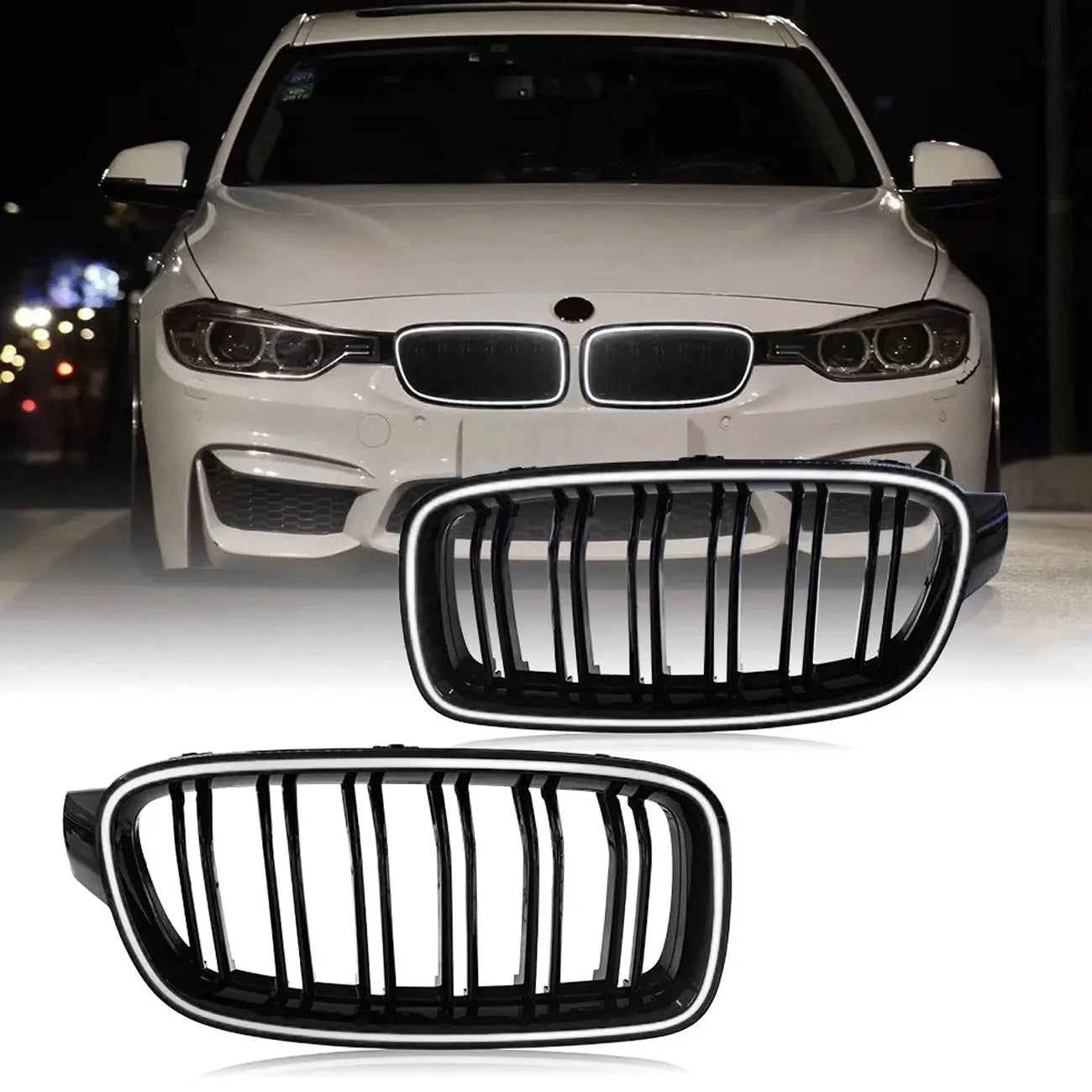 BM F30 3-Series Piano Black Double Slat LED Kidney Grille Max Motorsport
