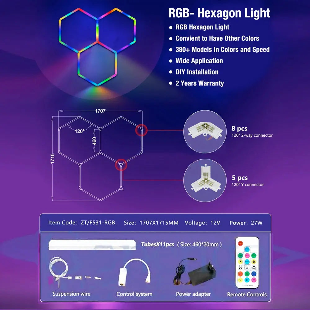 Hexglo 3 Piece RGB Hexagon Modular LED Lighting Kit Hexglo - Hexagon LED Lighting
