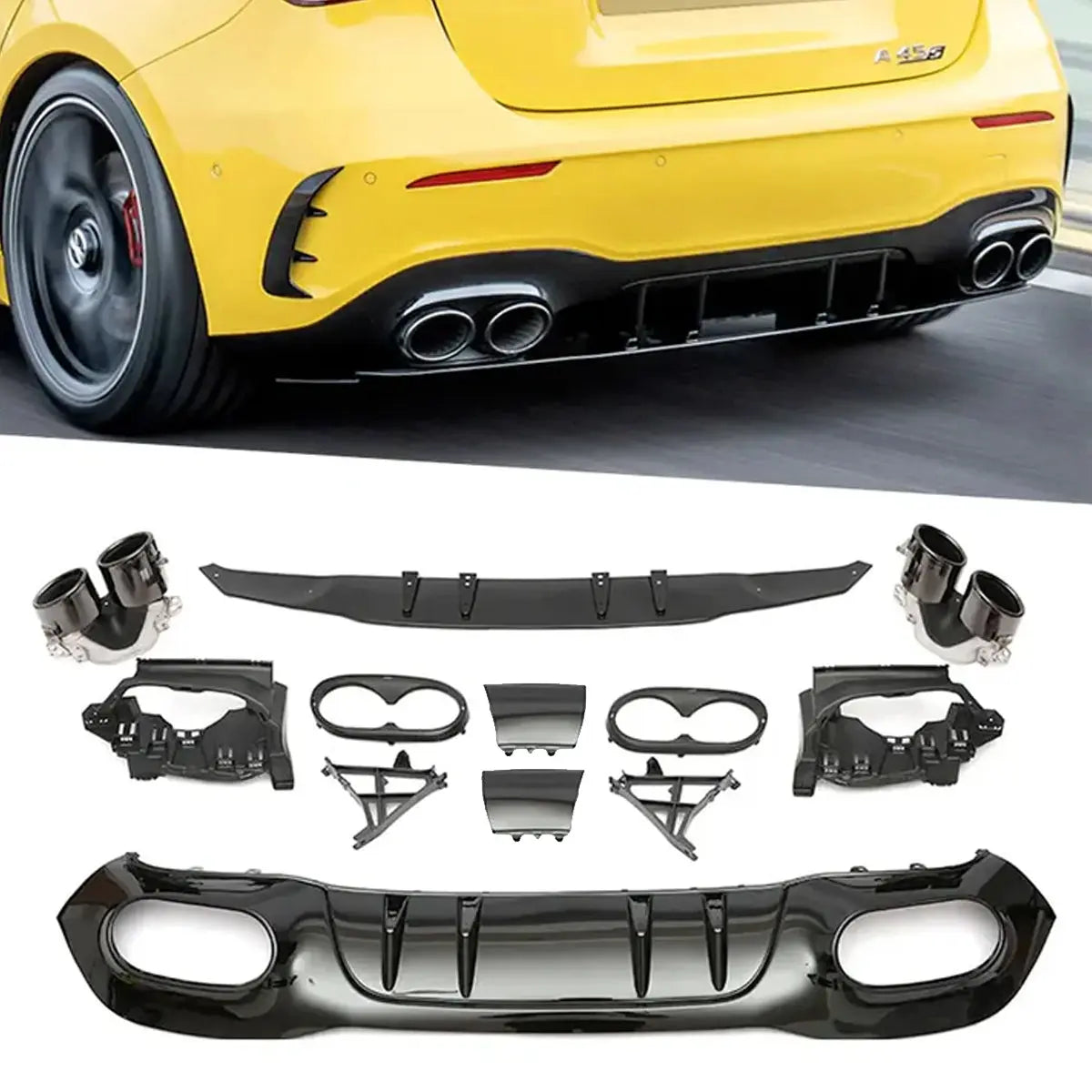 Merc W177 (19-On) Hatchback - A45 AMG Style Gloss Black Rear Diffuser With Exhaust Outlets Max Motorsport