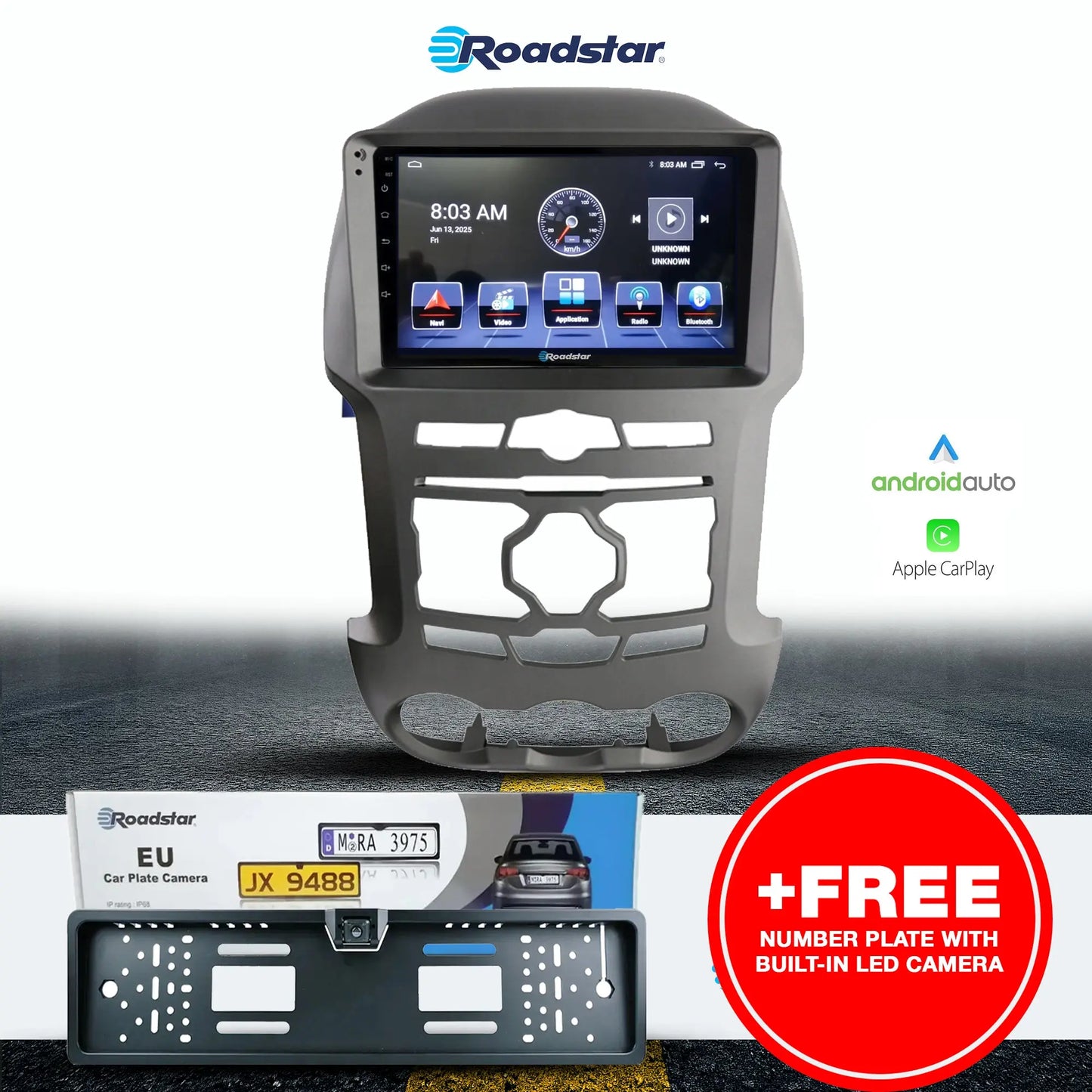 Ranger T6 (12-15) - 9 Inch Roadstar Android Multimedia Unit + FREE Number Plate Camera Roadstar