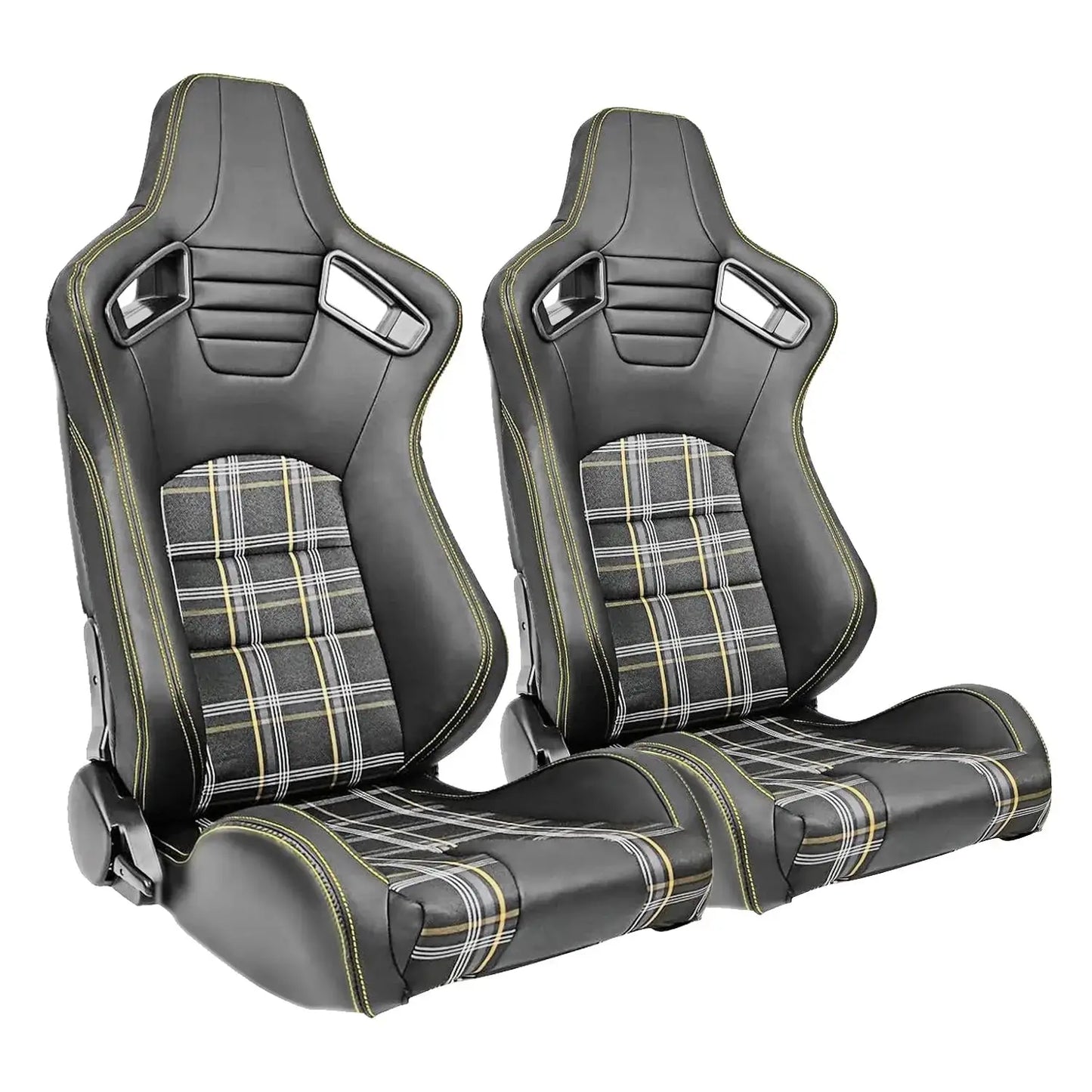 Reclinable Racing Seats - GTI Style Tartan Design Black PVC With Blue Stitching (Pair) Max Motorsport
