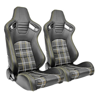 Reclinable Racing Seats - GTI Style Tartan Design Black PVC With Blue Stitching (Pair) Max Motorsport