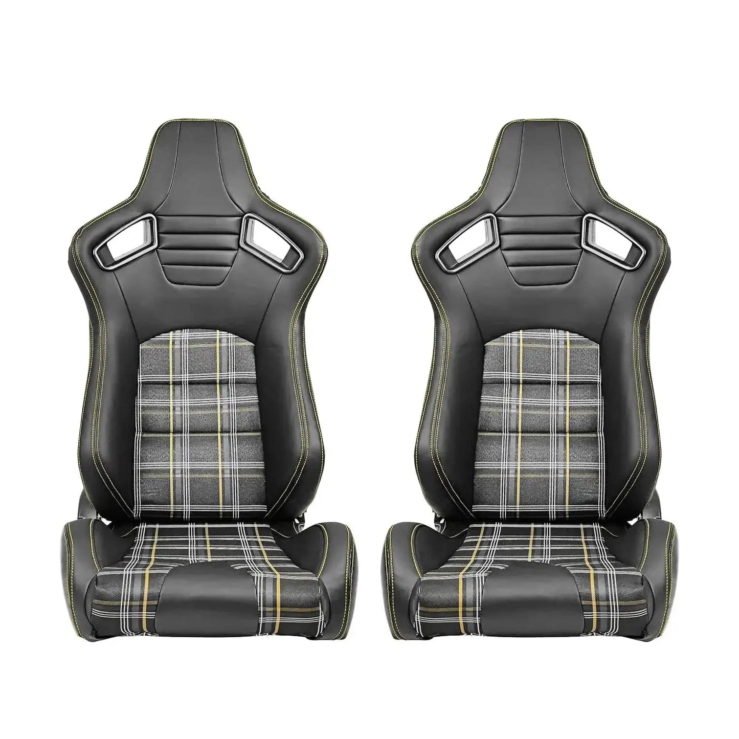Reclinable Racing Seats - GTI Style Tartan Design Black PVC With Blue Stitching (Pair) Max Motorsport