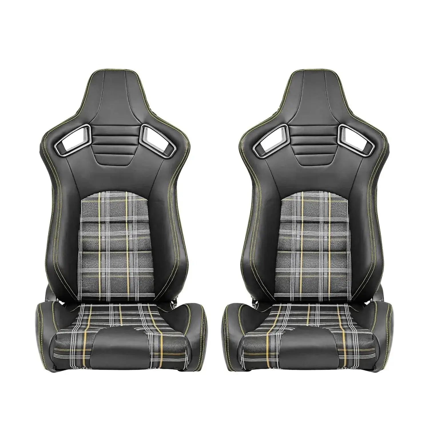 Reclinable Racing Seats - GTI Style Tartan Design Black PVC With Blue Stitching (Pair) Max Motorsport