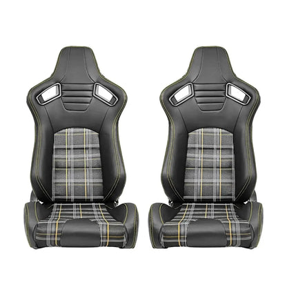 Reclinable Racing Seats - GTI Style Tartan Design Black PVC With Blue Stitching (Pair) Max Motorsport
