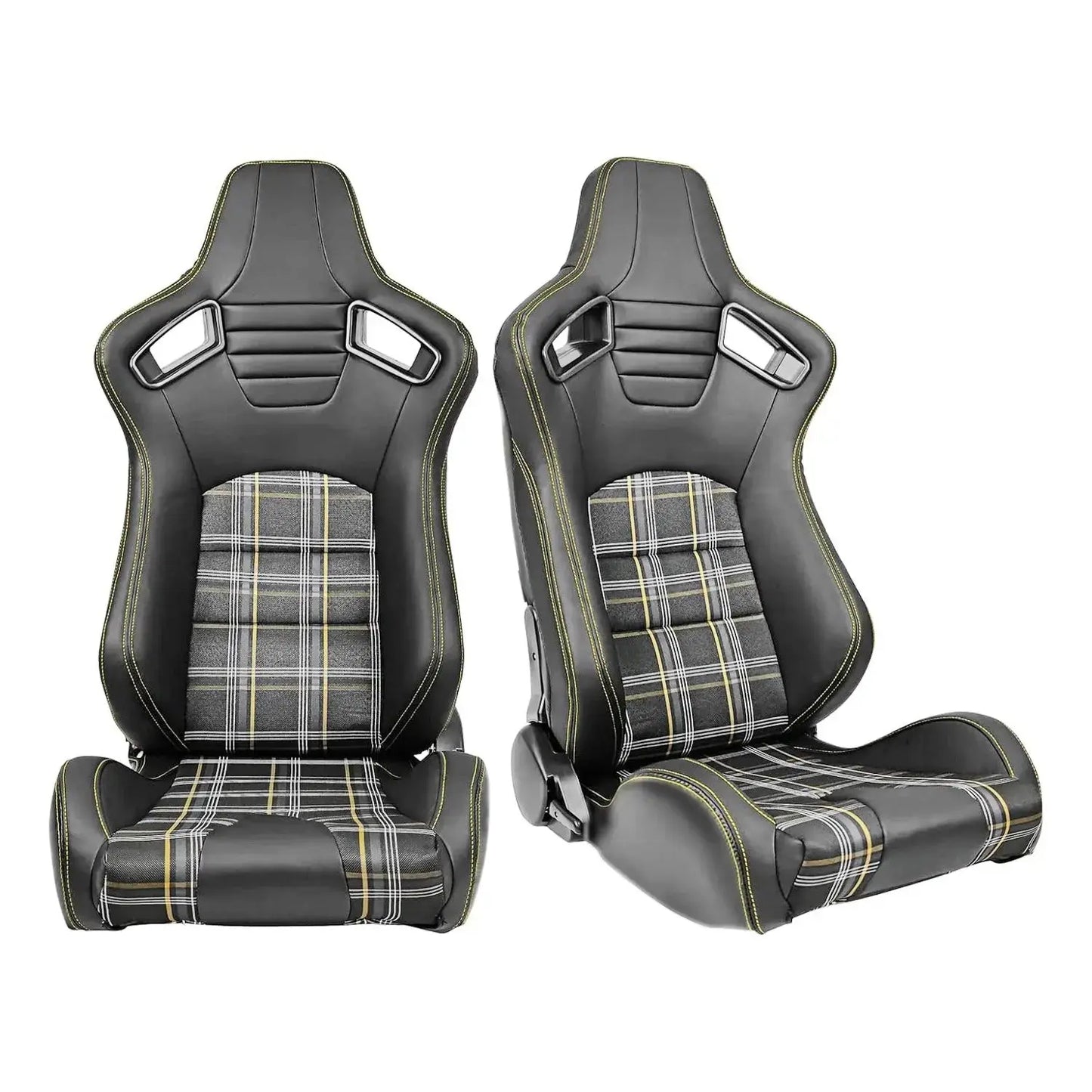 Reclinable Racing Seats - GTI Style Tartan Design Black PVC With Blue Stitching (Pair) Max Motorsport