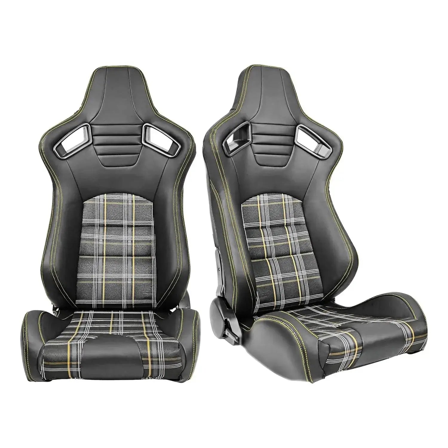 Reclinable Racing Seats - GTI Style Tartan Design Black PVC With Blue Stitching (Pair) Max Motorsport