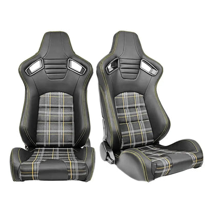 Reclinable Racing Seats - GTI Style Tartan Design Black PVC With Blue Stitching (Pair) Max Motorsport