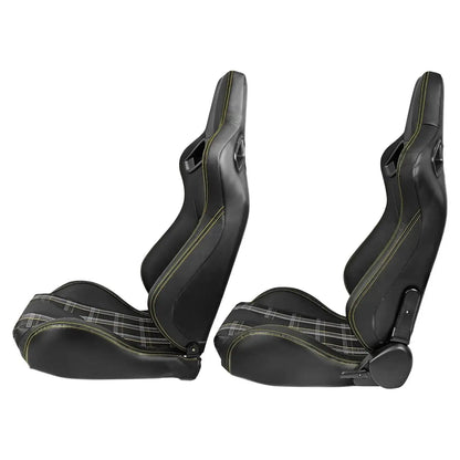Reclinable Racing Seats - GTI Style Tartan Design Black PVC With Blue Stitching (Pair) Max Motorsport