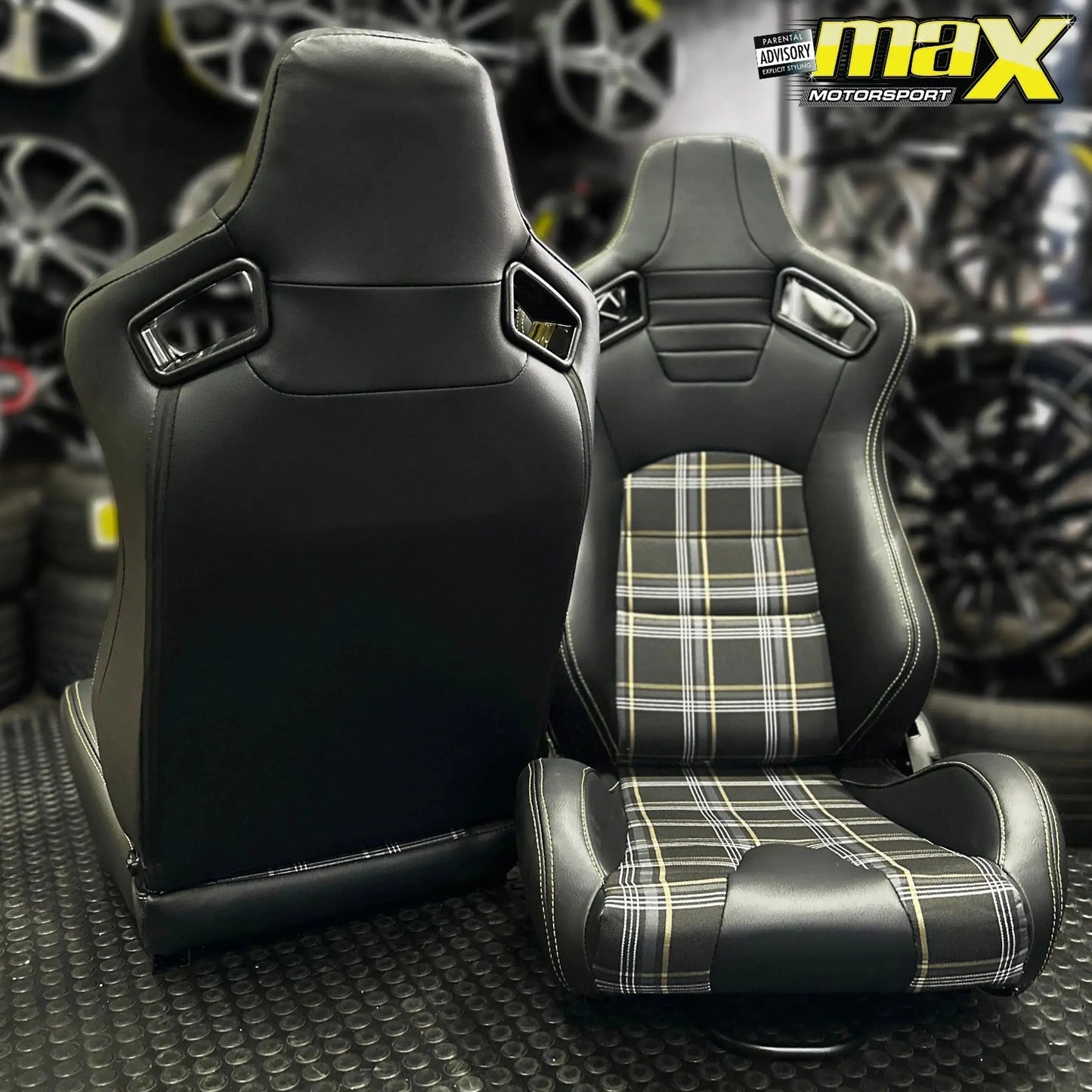 Reclinable Racing Seats - GTI Style Tartan Design Black PVC With Blue Stitching (Pair) Max Motorsport