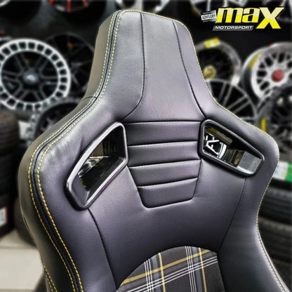 Reclinable Racing Seats - GTI Style Tartan Design Black PVC With Blue Stitching (Pair) Max Motorsport