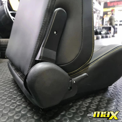 Reclinable Racing Seats - GTI Style Tartan Design Black PVC With Blue Stitching (Pair) Max Motorsport