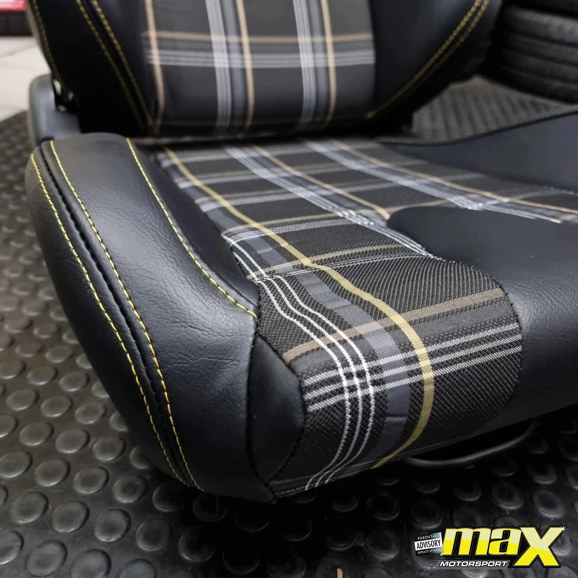 Reclinable Racing Seats - GTI Style Tartan Design Black PVC With Blue Stitching (Pair) Max Motorsport