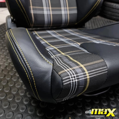 Reclinable Racing Seats - GTI Style Tartan Design Black PVC With Blue Stitching (Pair) Max Motorsport