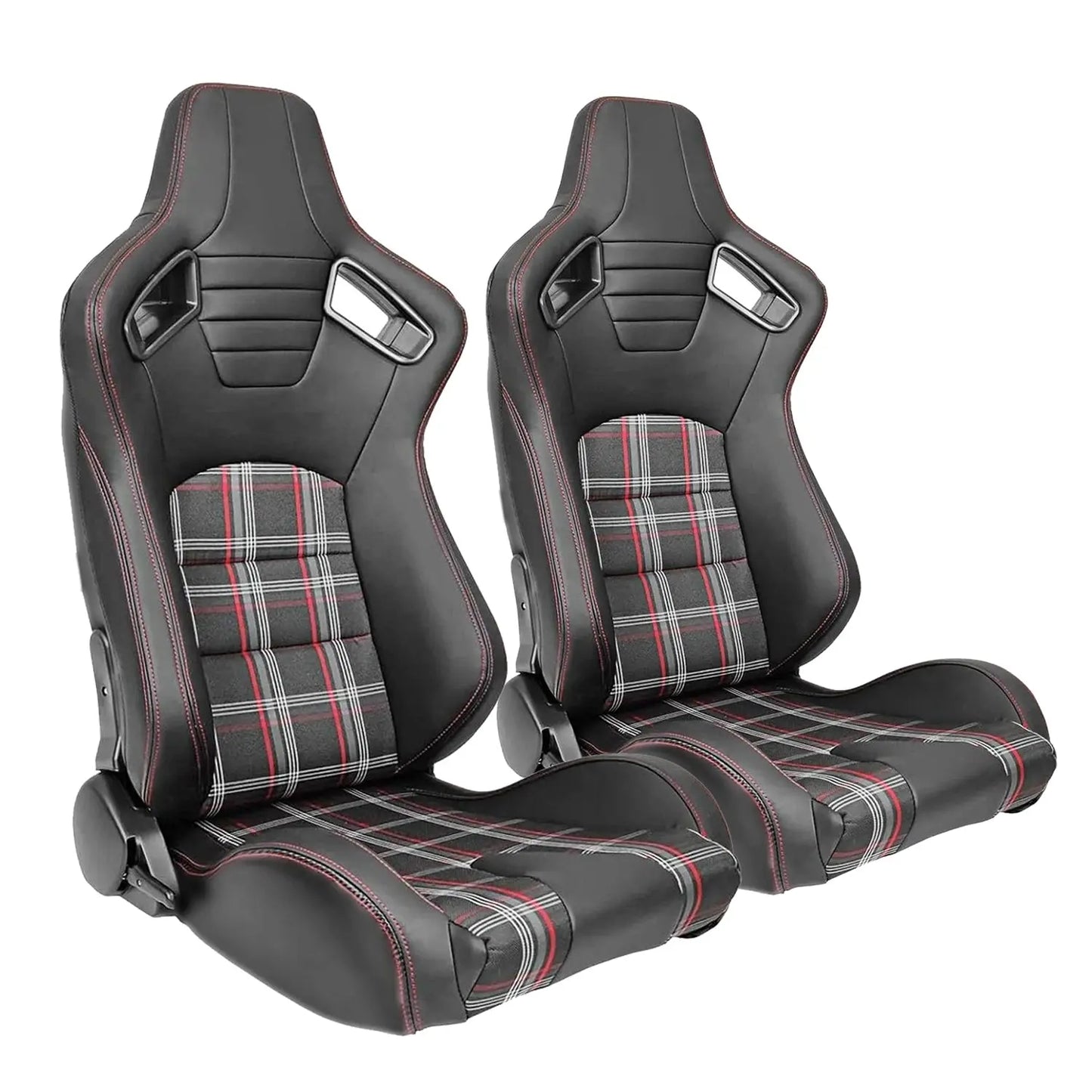 Reclinable Racing Seats - GTI Style Tartan Design Black PVC With Red Stitching (Pair) Max Motorsport