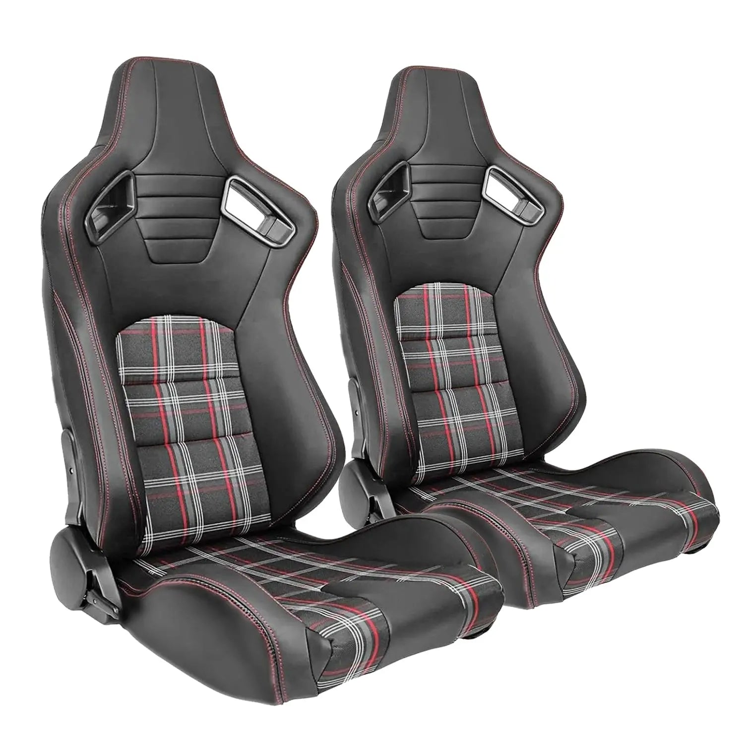 Reclinable Racing Seats - GTI Style Tartan Design Black PVC With Red Stitching (Pair) Max Motorsport
