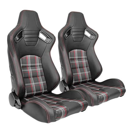 Reclinable Racing Seats - GTI Style Tartan Design Black PVC With Red Stitching (Pair) Max Motorsport