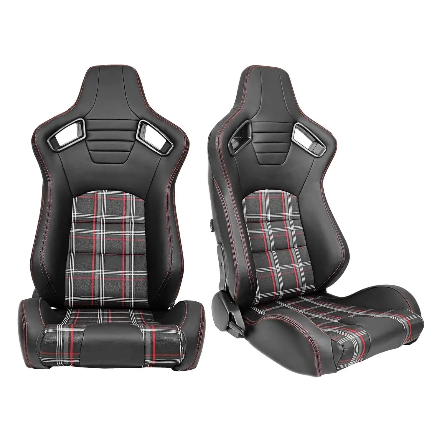 Reclinable Racing Seats - GTI Style Tartan Design Black PVC With Red Stitching (Pair) Max Motorsport