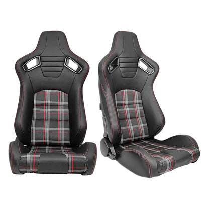 Reclinable Racing Seats - GTI Style Tartan Design Black PVC With Red Stitching (Pair) Max Motorsport