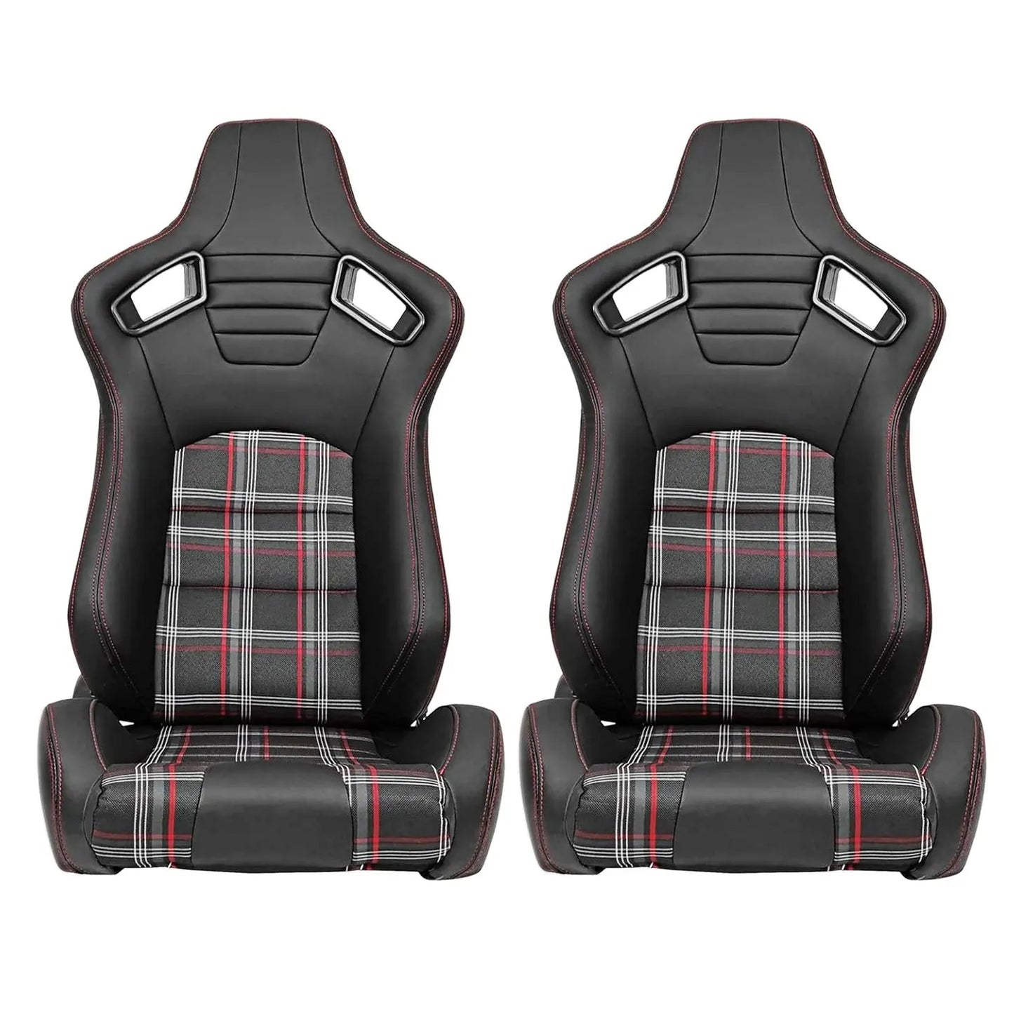 Reclinable Racing Seats - GTI Style Tartan Design Black PVC With Red Stitching (Pair) Max Motorsport