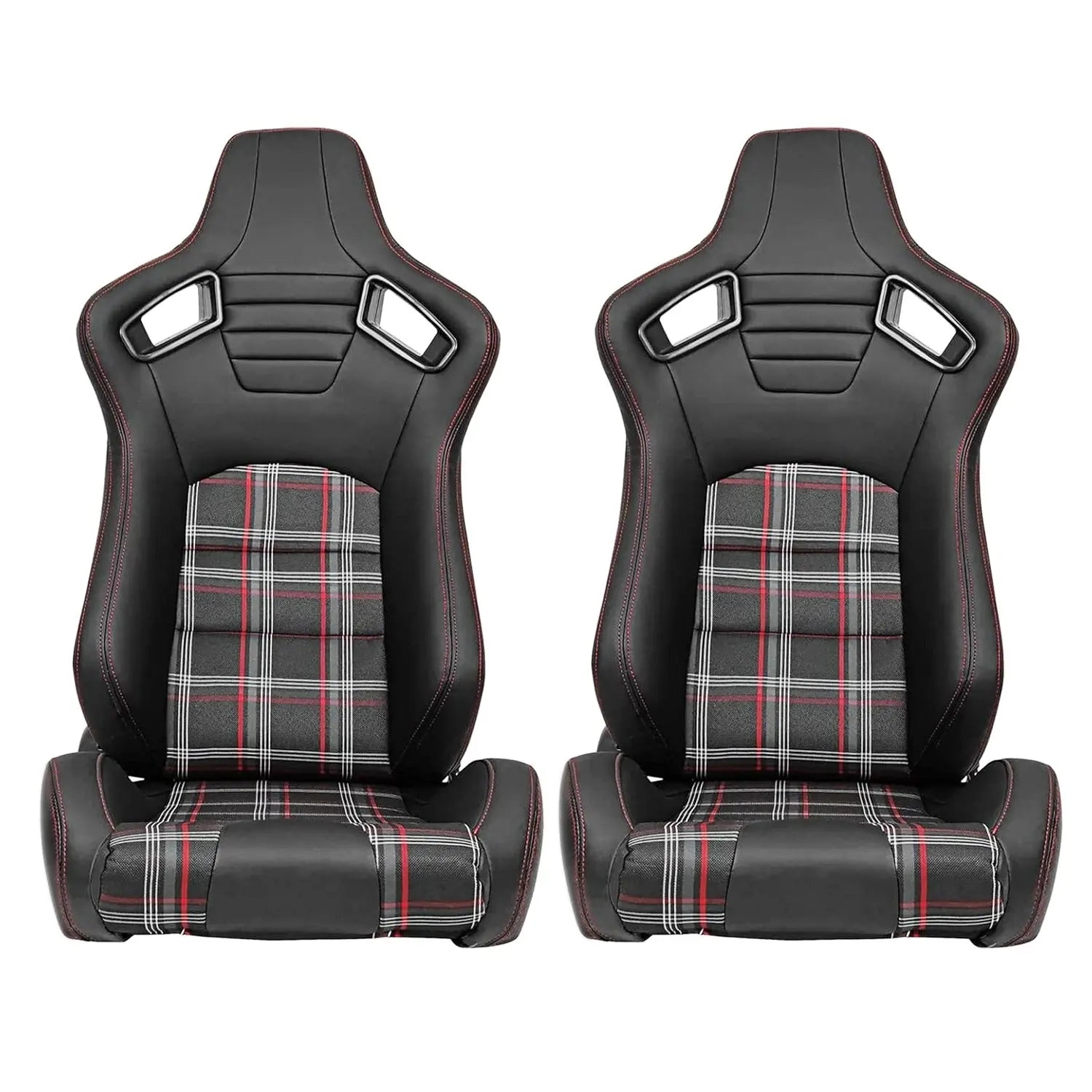 Reclinable Racing Seats - GTI Style Tartan Design Black PVC With Red Stitching (Pair) Max Motorsport