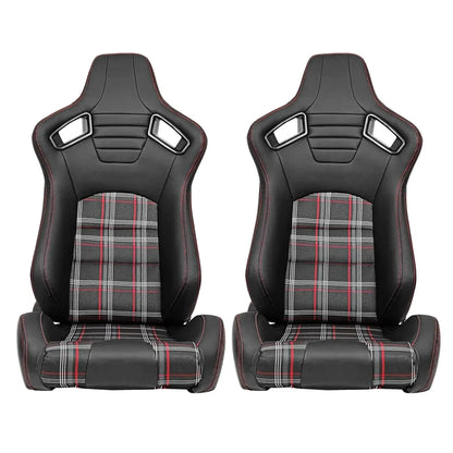 Reclinable Racing Seats - GTI Style Tartan Design Black PVC With Red Stitching (Pair) Max Motorsport