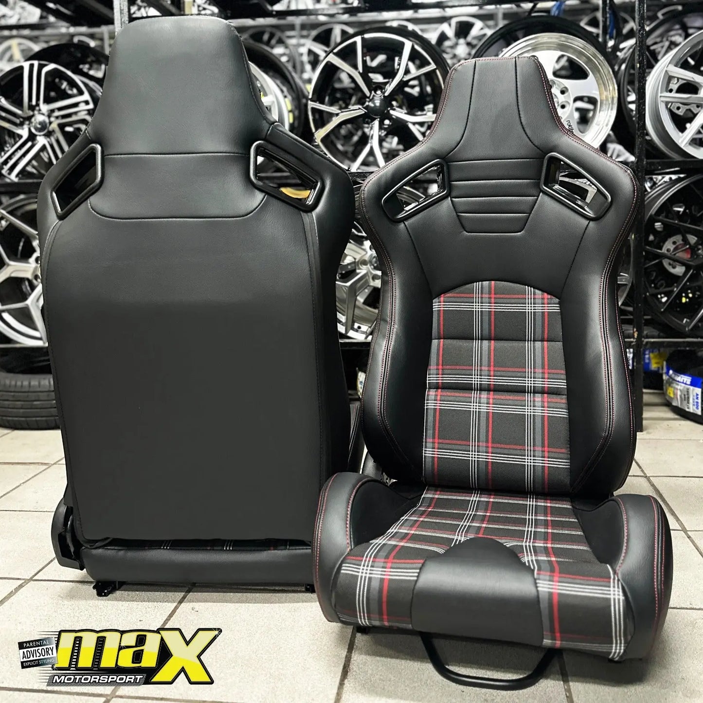 Reclinable Racing Seats - GTI Style Tartan Design Black PVC With Red Stitching (Pair) Max Motorsport
