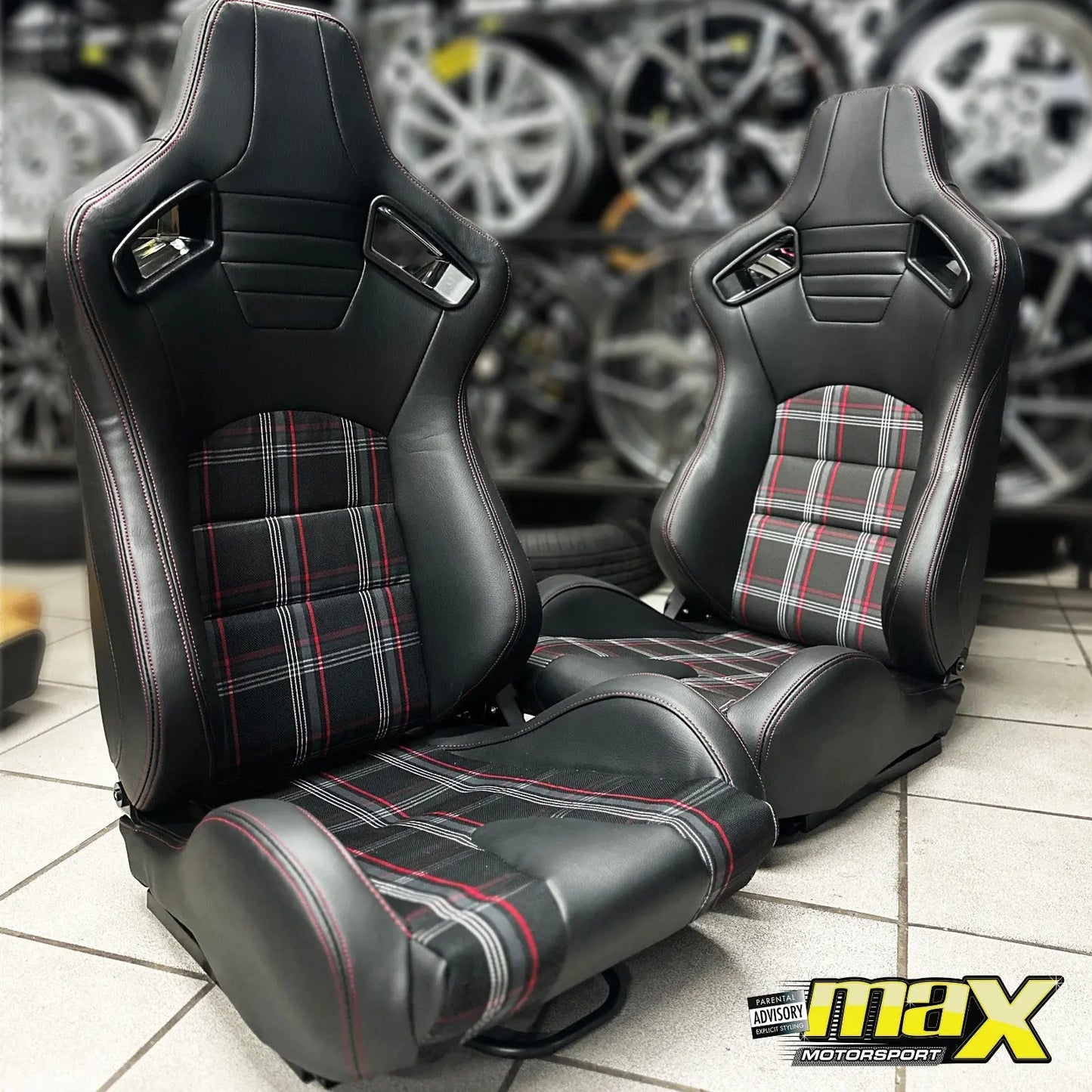 Reclinable Racing Seats - GTI Style Tartan Design Black PVC With Red Stitching (Pair) Max Motorsport