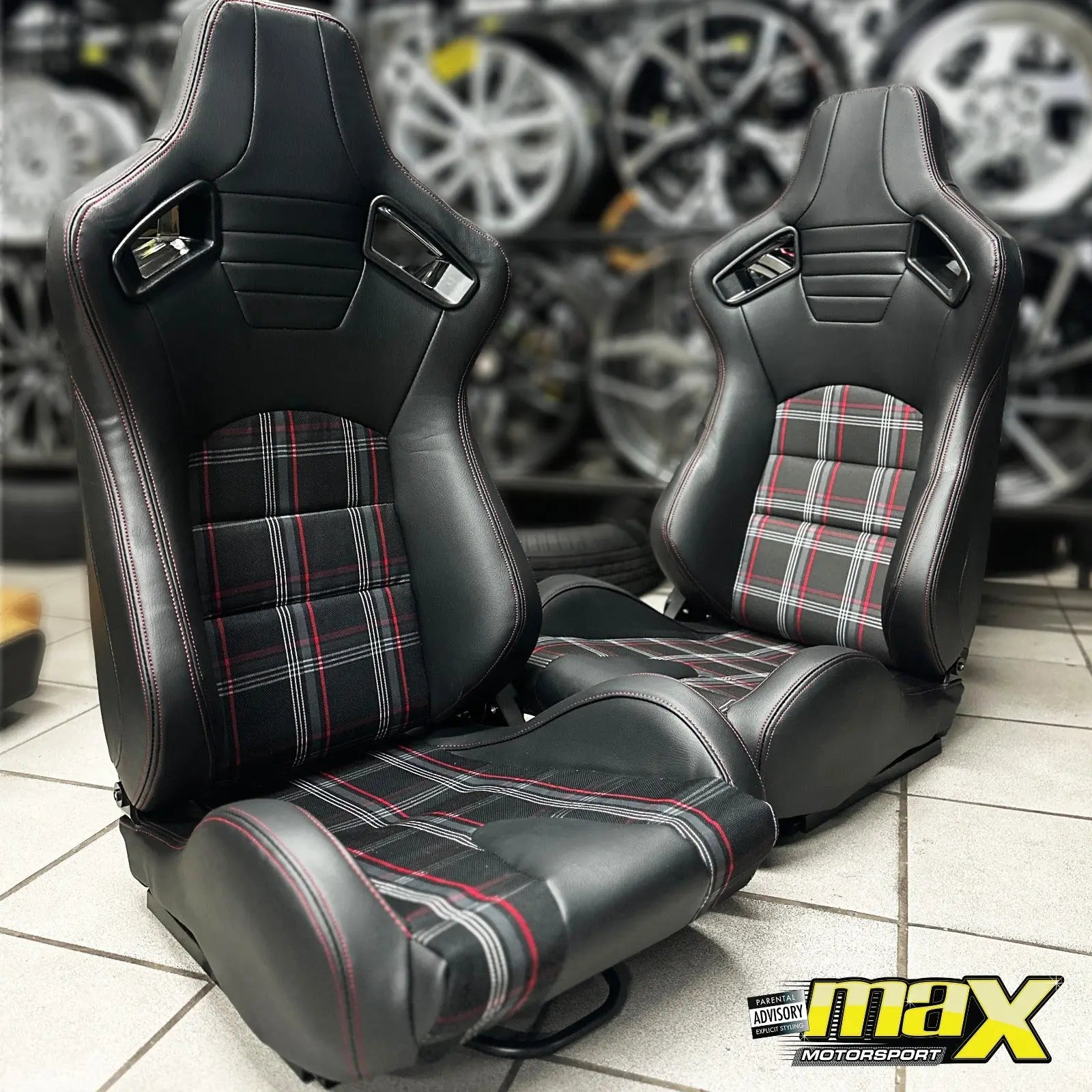 Reclinable Racing Seats - GTI Style Tartan Design Black PVC With Red Stitching (Pair) Max Motorsport