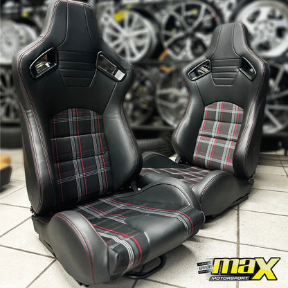 Reclinable Racing Seats - GTI Style Tartan Design Black PVC With Red Stitching (Pair) Max Motorsport
