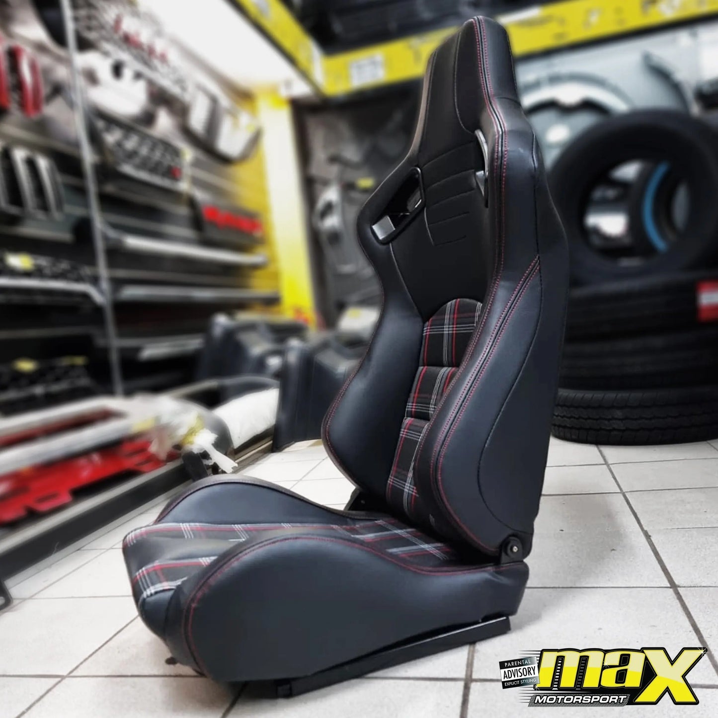 Reclinable Racing Seats - GTI Style Tartan Design Black PVC With Red Stitching (Pair) Max Motorsport