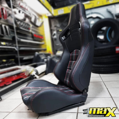 Reclinable Racing Seats - GTI Style Tartan Design Black PVC With Red Stitching (Pair) Max Motorsport