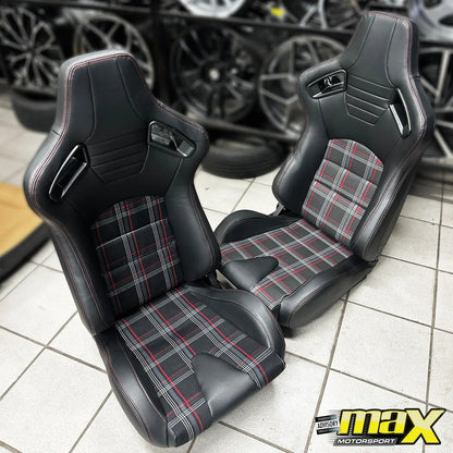 Reclinable Racing Seats - GTI Style Tartan Design Black PVC With Red Stitching (Pair) Max Motorsport