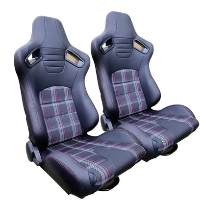 Reclinable Racing Seats - GTI Style Tartan Design Black PVC With Yellow Stitching (Pair) Max Motorsport