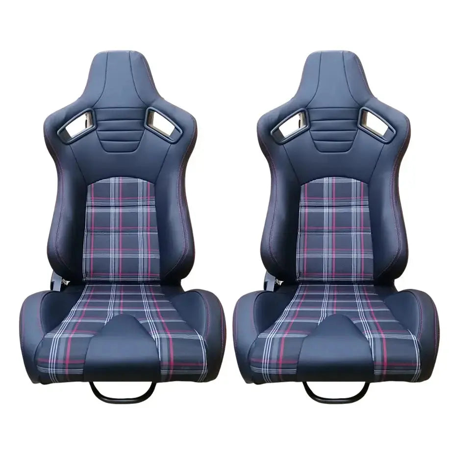 Reclinable Racing Seats - GTI Style Tartan Design Black PVC With Yellow Stitching (Pair) Max Motorsport