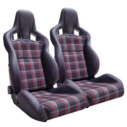 Reclinable Racing Seats - GTI Style Tartan Design PVC + Cloth (Pair) Max Motorsport